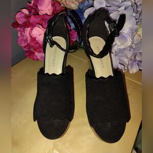 Marc Fisher Black Scalloped Suede Cork Wedge Sandals Adyna Platform Size 6‎